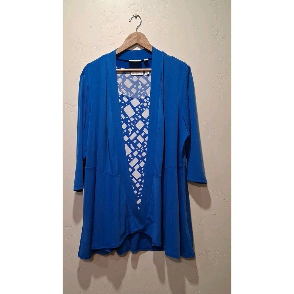 Susan Graver Liquid Knit Twin Set Blue White Geometric Cardigan Tank 1X Career